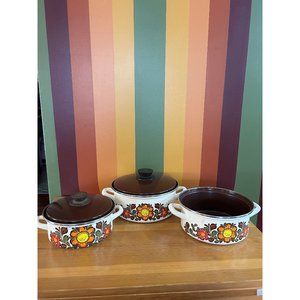70s flower power enamel pot with handles set of 3 lidded brown